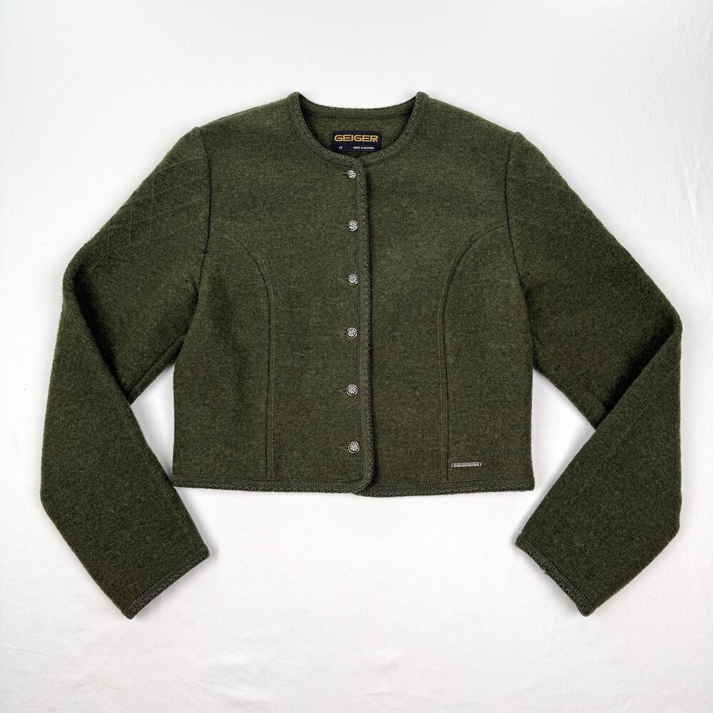Vtg Geiger Boiled Virgin Wool Jacket Olive Green Austrian Loden-Style Women’s 40